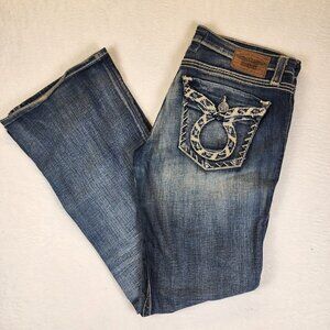Big Star Sweets Jeans Womens 32L Flare Blue Jeans Embellished Pockets 32x33Long